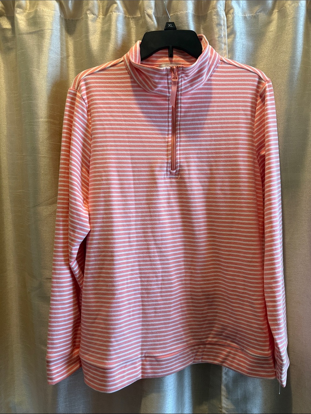 Women Pink and White Striped Quarter-Zip Sweater